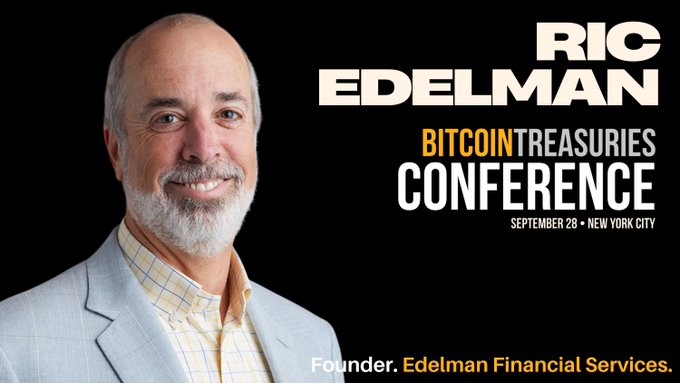 A promotional graphic for the 'Bitcoin Treasuries Conference' featuring Ric Edelman, founder of Edelman Financial Services, scheduled for September 28 in New York City.