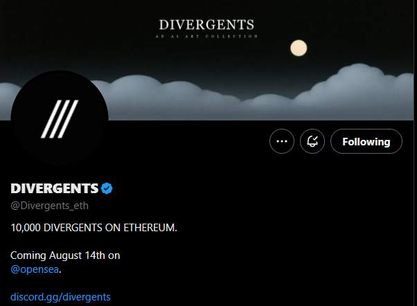 A Twitter/X profile banner for DIVERGENTS (@Divergents_eth), announcing "10,000 DIVERGENTS ON THEREUM. Coming August 14th on @opensea." with a link to discord.gg/divergents.