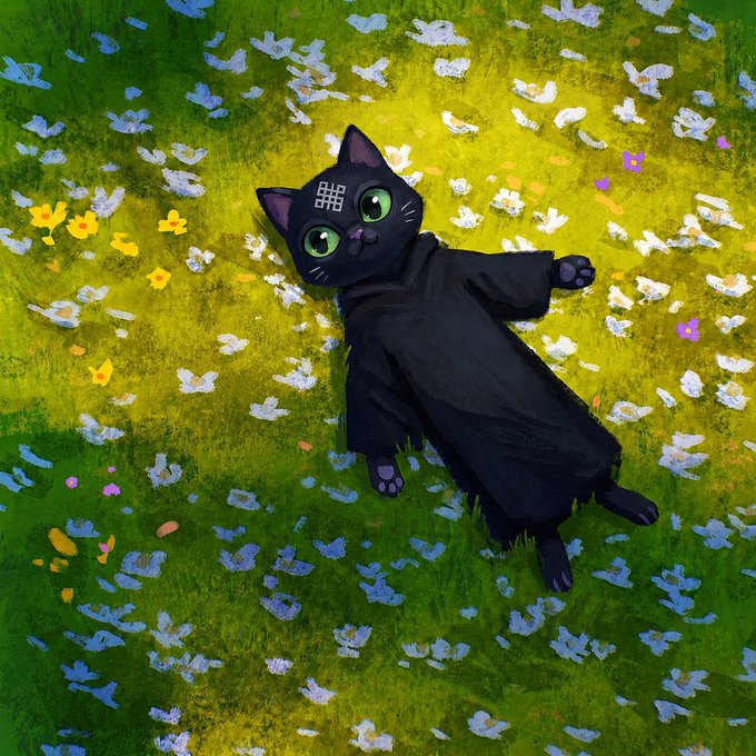 A black cat with a symbol on its forehead lies among a field of white and yellow flowers, dressed in a flowing black robe that suggests a contemplative or magical figure. The image evokes the mystery of how AI agents make decisions—mirroring the post's argument that blockchain's focus on raw transaction speed (TPS) misses the more important need for verifiable, transparent reasoning behind every autonomous choice.