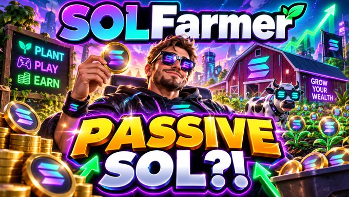 A vibrant promotional thumbnail for a game called 'SOLFarmer' featuring a man holding a Solana logo coin with the text 'PASSIVE SOL?!' prominently displayed.
