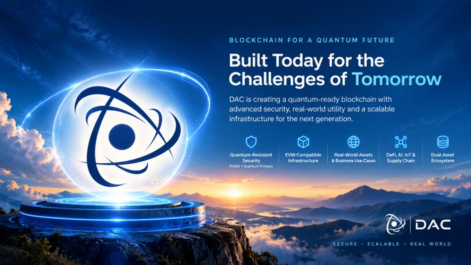A promotional graphic for "DAC" blockchain with the tagline "BLOCKCHAIN FOR A QUANTUM FUTURE - Built Today for the Challenges of Tomorrow" featuring a futuristic glowing orb logo against a mountain landscape.