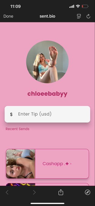 A mobile screenshot of a sent.bio profile page for 'chloebabbyy' on a pink background, featuring an option to 'Enter Tip (USD)' and showing 'Recent Sends'.