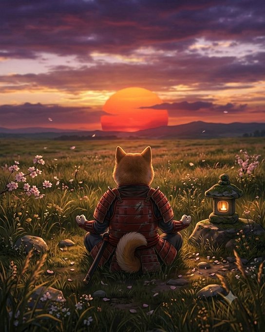 An illustration shows an anthropomorphic fox dressed in red samurai armor sitting in a grassy field with cherry blossoms, gazing at a large red sun setting behind distant mountains, accompanied by a stone lantern.