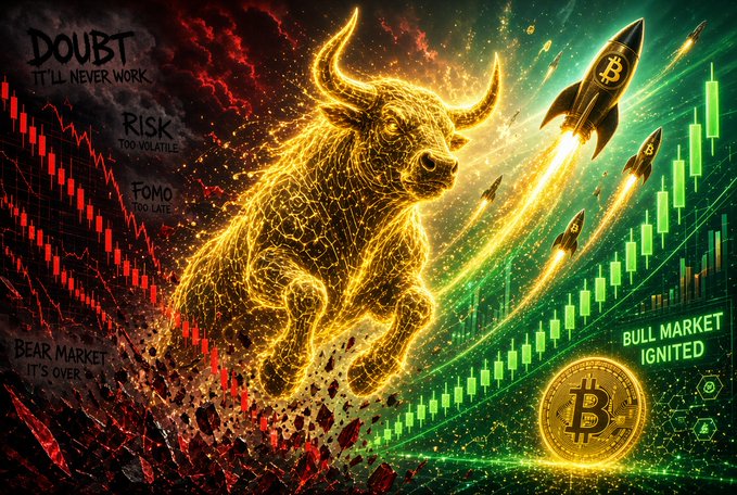 The image shows a dramatic split-scene with a golden, fiery bull emerging from a red, crashing bear market on the left—labeled with negative sentiments like "DOUBT," "RISK," "FOMO," and "BEAR MARKET IT'S OVER"—and soaring into a green, ascending bull market on the right marked "BULL MARKET IGNITED," featuring Bitcoin rockets, candlestick charts, and a Bitcoin coin.

The illustration visually captures the post's core message: that crypto rallies ignite precisely when optimism turns to despair, as the bull breaks through the rubble of bearish doubt to launch the next upward surge.