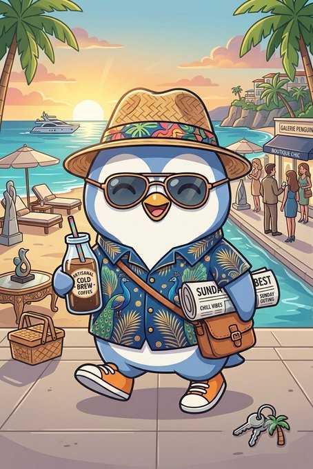 A cartoon penguin wearing a straw hat, sunglasses, and a tropical shirt walks while carrying a cold brew coffee and a "SUNDAY BEST" newspaper, with a beach scene in the background.