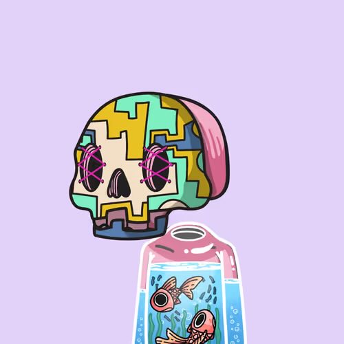 A stylized illustration featuring a colorful skull with 'X' eyes above a glass jar containing fish and a jellyfish on a light purple background.