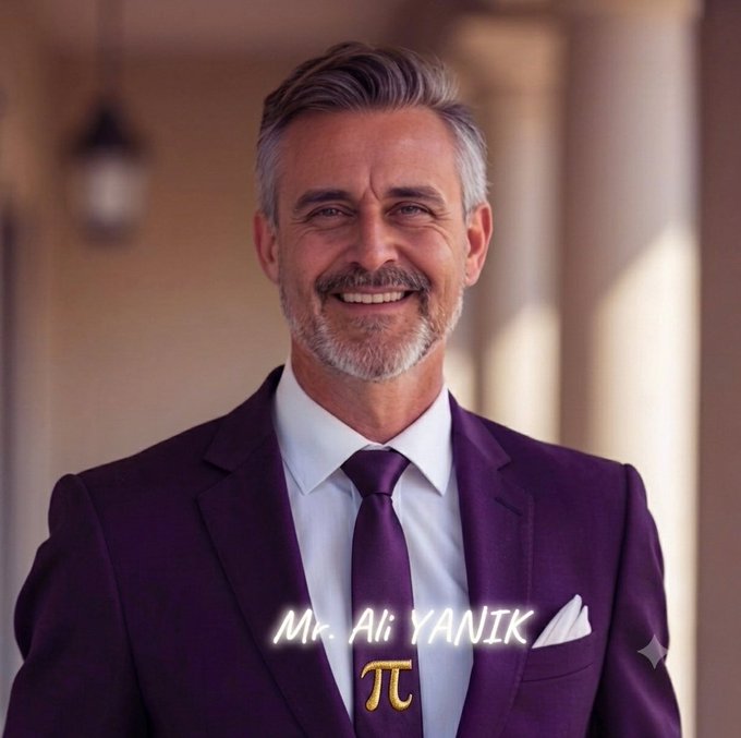 A portrait of a smiling man in a purple suit and tie, with the text 'Mr. Ali YANIK' and the pi symbol (π) overlaid.