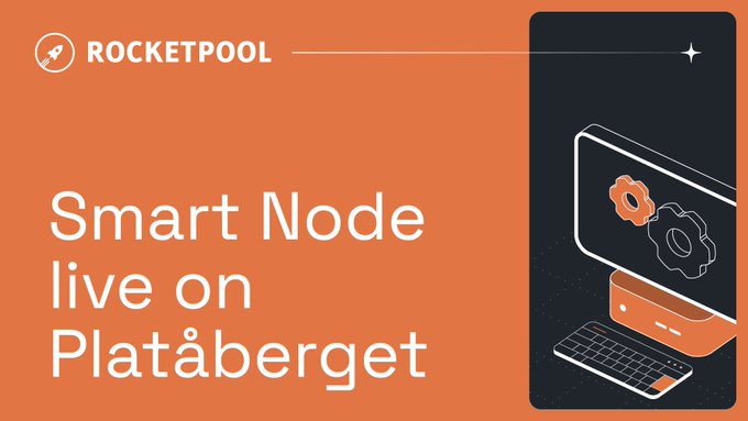 A ROCKETPOOL promotional graphic reads “Smart Node live on Platåberget” beside an illustration of a computer with gear icons.