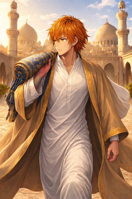 The image features a man wearing an orange robe, walking past a mosque with domed buildings. The man appears to be carrying a large blue and white blanket or shawl over his shoulder as he walks through the city. The background of the image is filled with various architectural elements such as domes and minarets, which are characteristic features of a mosque.
