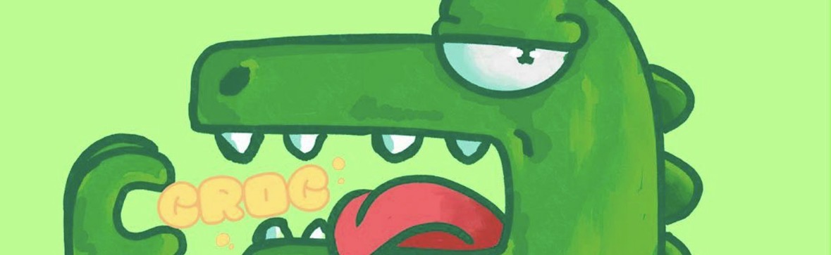 A cartoon green crocodile with a fierce expression and sharp teeth is shown alongside the text "CROC," which appears to represent the CrocpadRBH NFT project featured in the post's list of mints of the day.