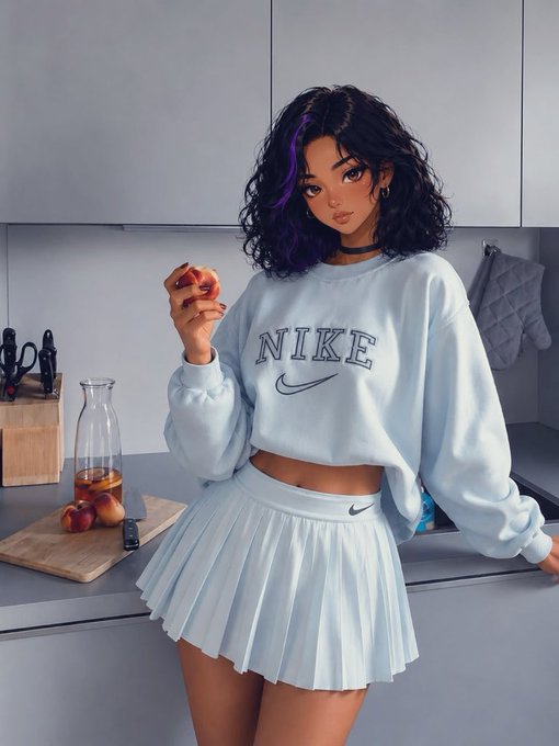 A stylized digital illustration of a young woman with dark hair featuring purple highlights, wearing a light blue Nike cropped sweatshirt and pleated skirt, holding an apple in a kitchen setting.