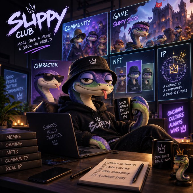 A promotional graphic for 'SLIPPY CLUB' describes it as 'MORE THAN A MEME A GROWING WORLD,' featuring a snake character in a bucket hat with sections labeled 'COMMUNITY,' 'GAME SLIPPY SIEGE,' 'CHARACTER,' 'NFT,' and 'IP,' alongside books labeled 'MEMES, GAMING, NFTS, COMMUNITY, REAL IP.'