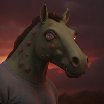 A 3D rendered character with a green horse head covered in bumps and glowing pink eyes, wearing a gray shirt against a dark red sunset sky.