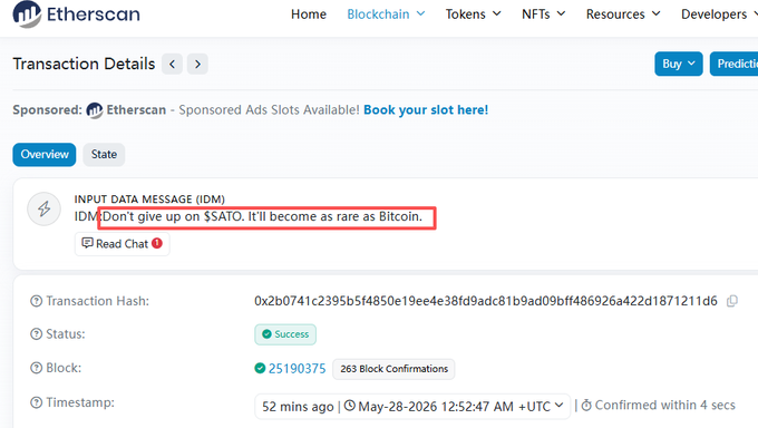 This image features a screenshot of an interactive window, where two buttons are present – one on the left side of the screen with a red background, and another button located closer to the center on the right side. The text displayed on the screen contains some form of information related to the Bitcoin currency or cryptocurrency market, which includes phrases such as "Sato榜一大哥持续销毁" and "Don'T give up on $sato", indicating that people are talking about this particular type of cryptocurrency.