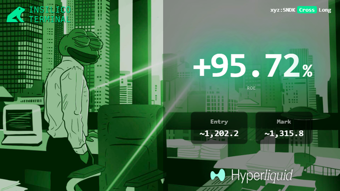An 'INSTINCT TERMINAL' trading card showing a +95.72% ROE gain on xyz:SNOK with Entry at ~1,202.2 and Mark at ~1,315.8, featuring a green frog character and Hyperliquid branding.