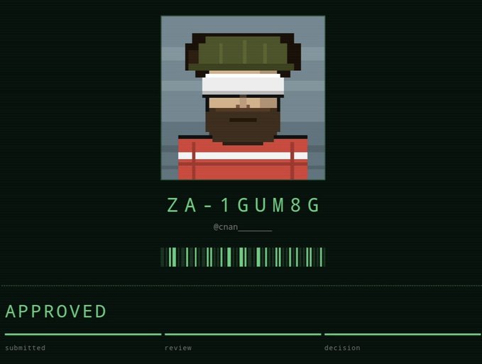 A digital display showing an approved submission with pixel-art avatar, the identifier 'ZA-1GUM8G', username '@cnan____', and a barcode on a dark green background.