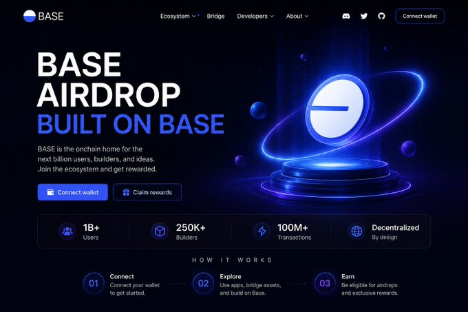 A landing page for 'BASE AIRDROP' advertises the BASE ecosystem as the onchain home for users, builders, and ideas, highlighting 1B+ users, 250K+ builders, and 100M+ transactions.