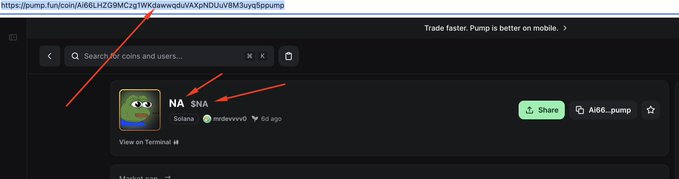A screenshot of the Pump.fun coin page for the Solana token "NA SNA" (contract ending in sypp), with red arrows pointing to the token name, ticker, and contract address. The accompanying post warns that Pump.fun is removing $cate from its platform to caution buyers, though the image itself shows a different pump.fun-listed meme coin rather than $cate itself.