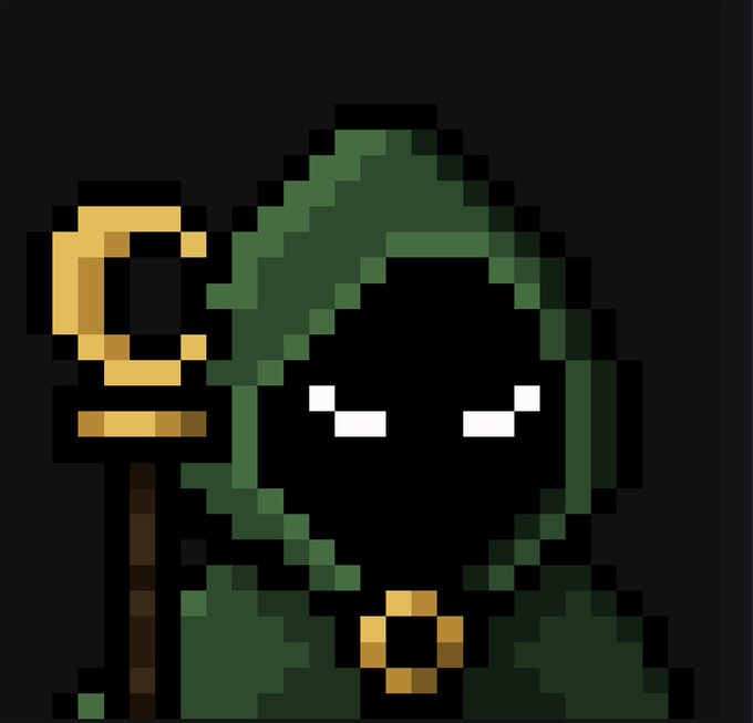 A pixel art image of a hooded green-cloaked figure with white eyes holding a golden staff on a black background.