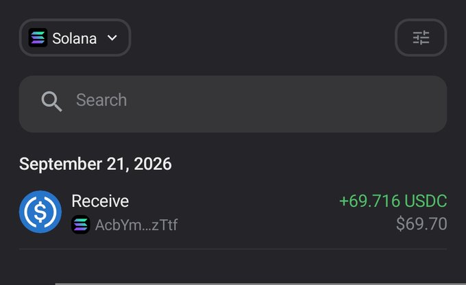 A Solana wallet transaction history showing a USDC receive of +69.716 USDC ($69.70) on September 21, 2026 from address AcbYm...zTtf.