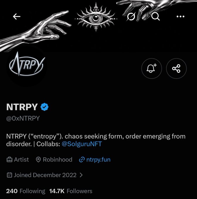 This image shows the Twitter/X profile page of **NTRPY** (@0xNTRPY), an artist with 14.7K followers who joined in December 2022, featuring a stylized eye logo and metallic hands in the banner. The profile relates to the post by promoting a free mint raffle for "CryptoFunks" holders, with a 3,333 supply on Robinhood, asking users to follow @0xNTRPY and drop their wallet to be selected as a winner.
