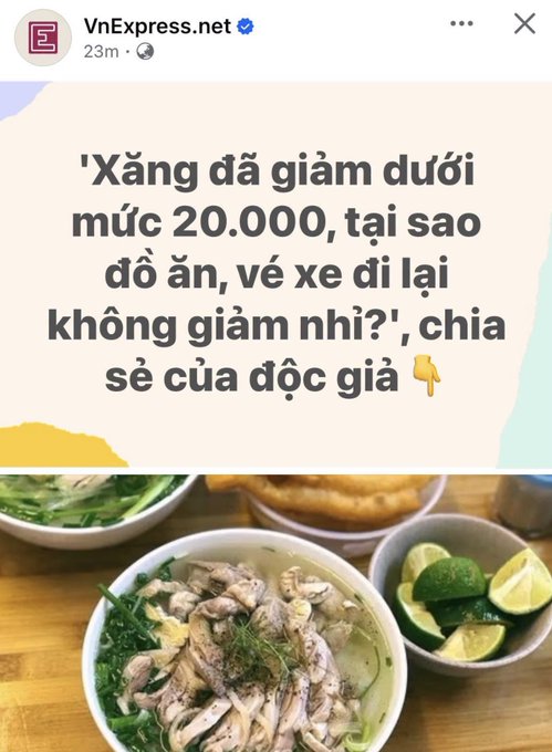 A Facebook post from VnExpress.net featuring the headline "'Xăng đã giảm dưới mức 20.000, tại sao đồ ăn, vé xe đi lại không giảm nhỉ?', chia sẻ của độc giả 👇" above an image of a bowl of Vietnamese chicken noodle soup (phở gà) with fried dough sticks and lime. The post relates to the accompanying commentary about how food prices, unlike fuel, never come back down once they increase.