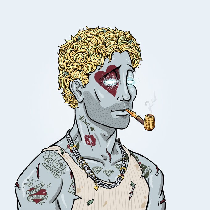 A digital illustration of a man with blonde curly hair, gray skin, and a red heart over one eye, smoking a pipe. He has various tattoos including 'GOODLUC' and 'MUSIC MARRIED' on his chest and is wearing a gold chain.