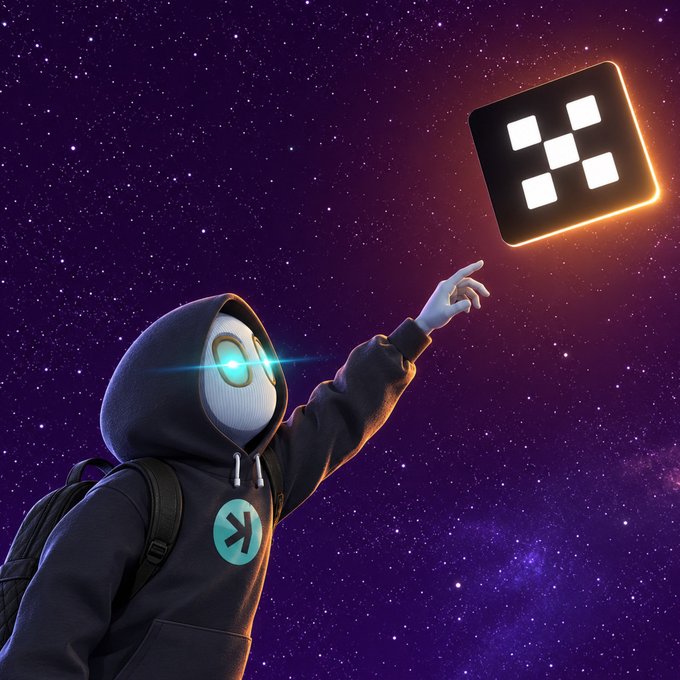 A hooded figure with glowing green eyes reaches toward a glowing OKX logo floating against a starry purple cosmos, symbolizing the platform's reach in the crypto universe. The image accompanies a promotional post highlighting OKX's welcome bonuses and regulatory licenses across the EU, US, and UAE.