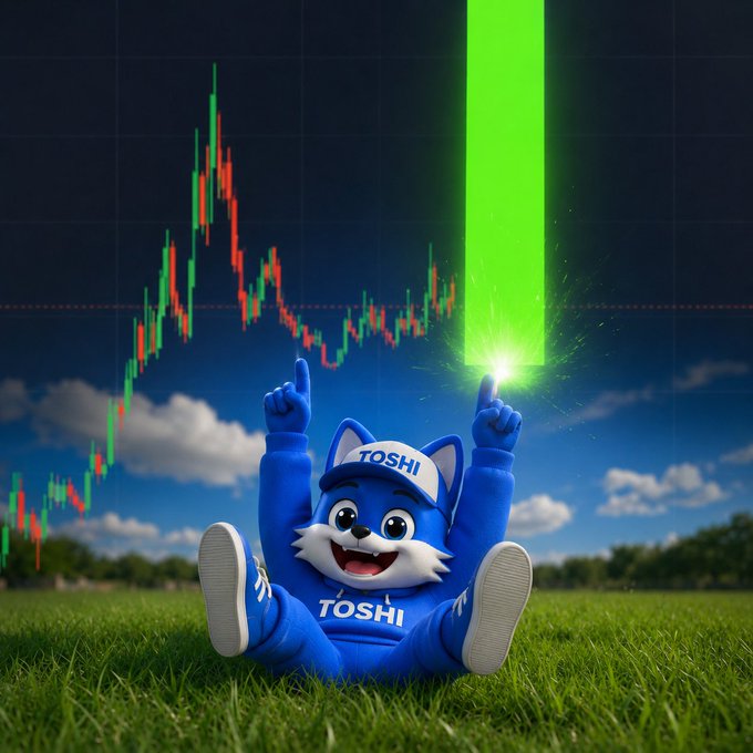 A blue mascot character wearing a hat and shirt labeled 'TOSHI' sits on grass pointing upward at a green laser-like beam, with a stock candlestick chart visible in the background sky.