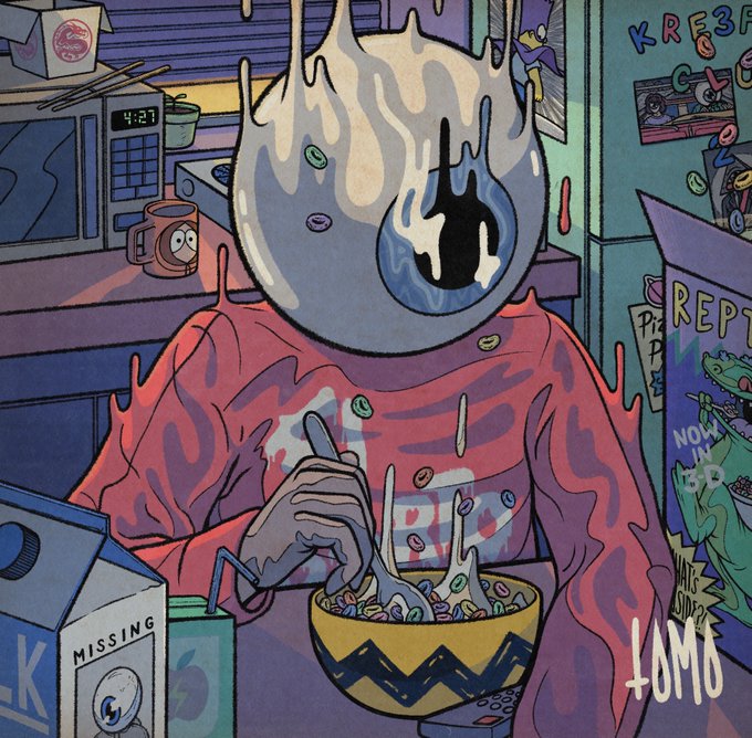 A melting, flame-headed figure in a red shirt pours colorful cereal from a box labeled "MISSING" into a yellow zigzag bowl, holding a spoon amid a cluttered kitchen with a microwave reading "4:21" and cereal boxes spelling "REPT" and "KRE3F." The pixelated, surreal cartoon style fits perfectly with the post's theme of a Saturday morning cartoon vibe from TOMORROWMAN13's NFT collection on Objkt.