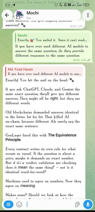 A WhatsApp conversation with Mochi AI and Md. Fuad Hasan discussing how different AI models can produce different responses to identical questions, with a focus on GenLayer's Equivalency Principle for ensuring on-chain AI agreement.