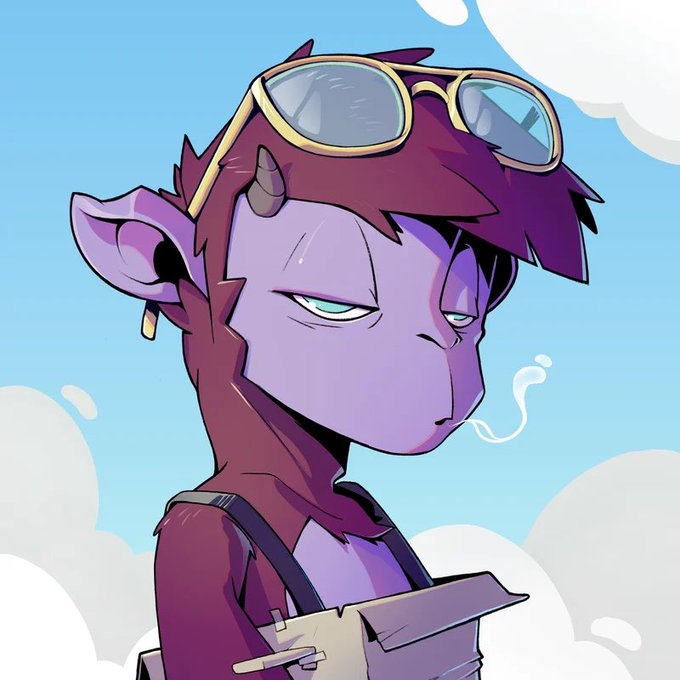 A digital drawing of a purple, furry anthropomorphic character with small horns, half-closed eyes, and sunglasses resting on its head, set against a blue sky with white clouds.