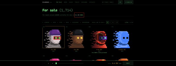 The image shows a screenshot of the zkSNARKs NFT marketplace with 1,714 items for sale, highlighting a recent floor price drop to 0.6 ZEC ($890), illustrating the sharp decline mentioned in the caption. Four pixel-art ghost NFTs are displayed with prices of 0.6 ZEC each, visually confirming the steep drop from $3,000 to $890 following ZachXBT's scam allegations.