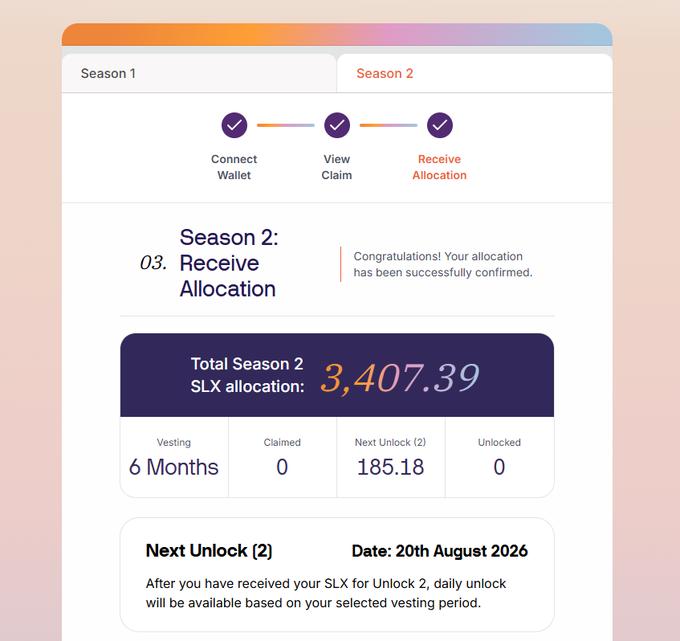 A user interface showing 'Season 2: Receive Allocation' with a confirmation message, displaying a 'Total Season 2 $LX allocation' of '3,407.39', vesting details (6 Months), Claimed amount (0), Next Unlock (2) of 185.18, and an unlock date of '20th August 2026'.