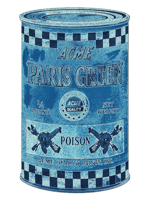 A blue, weathered art piece designed to look like a vintage Acme Paris Green poison can, featuring "ACME PARIS GREEN," "POISON," and "¼ POUND NET WEIGHT" labels along with skull and crossbones imagery, framed by black-and-white checkered borders. The artwork, titled "Paris Green Can #121," was created by @COMPUTERBLOOD and minted by @manicdistopia.
