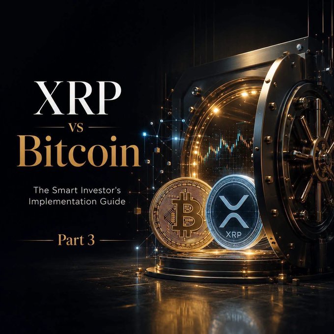 Dark themed graphic titled 'XRP vs Bitcoin: The Smart Investor's Implementation Guide - Part 3' showing gold Bitcoin and silver XRP coins in front of an open vault with financial charts.