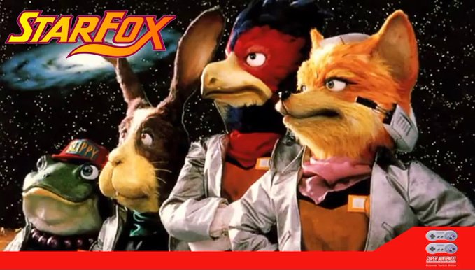 Promotional artwork for the Super Nintendo game "StarFox," featuring the characters Peppy (frog), Slippy (rabbit), Falco (bird), and Fox McCloud in their pilot uniforms against a starry space background.