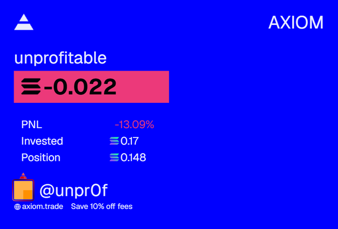 A trading interface on a blue background showing an account labeled 'unprofitable' with a balance of -0.022, a PNL of -13.09%, an invested amount of 0.17, and a position of 0.148.