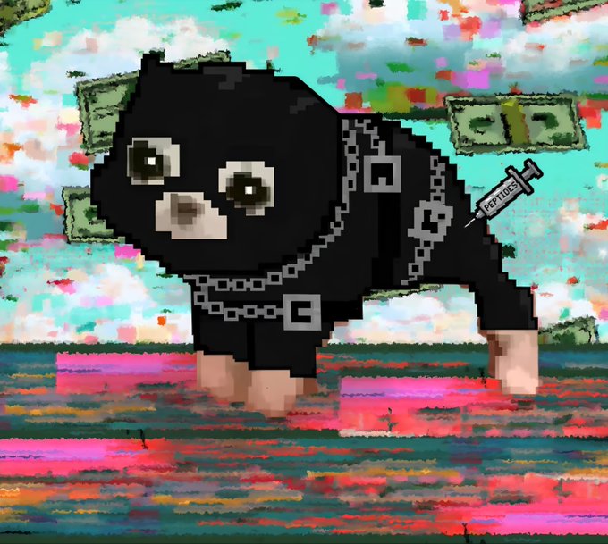 A pixel art animation still showing a small black dog with chains around its body and a syringe labeled "PEPTOIDEL" in its back, standing in a glitchy, colorful landscape.