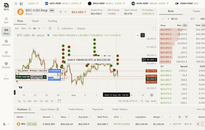 A cryptocurrency trading interface showing the BTC-USD Perpetual pair on what appears to be CoinDCX, with the price at $63,480.7, a candlestick chart, order book, and an open long position of 0.3821 BTC with +$2.80 (0.84%) unrealized profit.