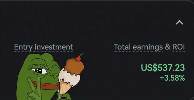 A Pepe the Frog meme character holds an ice cream cone next to an investment dashboard showing "Entry investment" and "Total earnings & ROI" of US$537.23 (+3.58%), visually celebrating the user's yield earnings on GRVT as mentioned in the accompanying post.