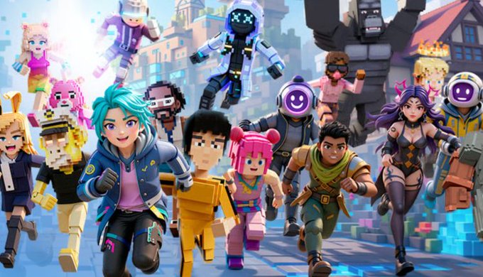 A colorful group of blocky video game characters running together in a vibrant city setting, reminiscent of a sandbox game style.