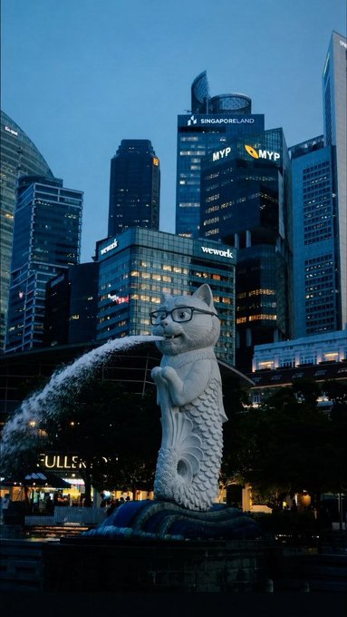 The Merlion statue spouts water against a backdrop of illuminated skyscrapers in Singapore at dusk, with signs for 'SINGAPORELAND', 'MYP', and 'wework' visible on the buildings.