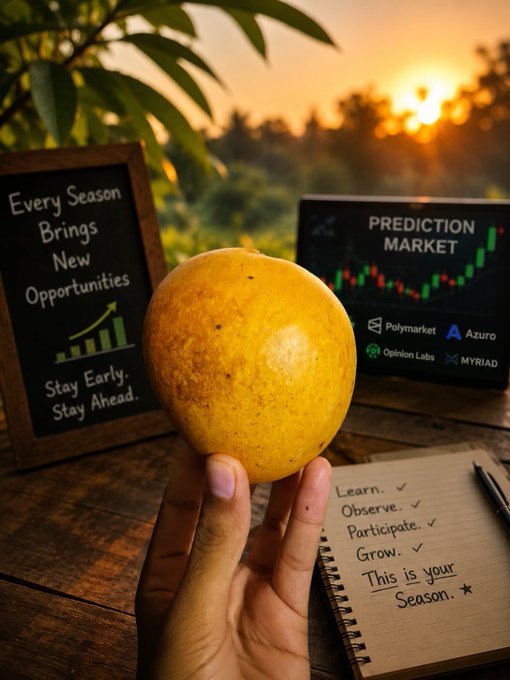 A hand holding a yellow fruit in front of a sunset, with a chalkboard reading 'Every Season Brings New Opportunities' and a 'PREDICTION MARKET' board displaying logos for Polymarket, Azuro, Opinion Labs, and Myriad.