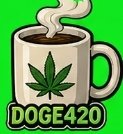 Logo image showing a white coffee mug with steam rising and a green marijuana leaf design on it, with text 'DOGE420' at the bottom on a green background.