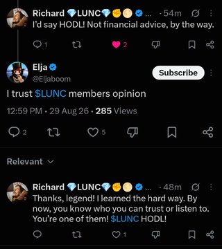 X (Twitter) screenshot of a discussion where Richard (LUNC) says 'I'd say HODL!', Elja shares their opinion that 'I trust $LUNC members opinion', and Richard responds thanking them for trusting $LUNC HODL.