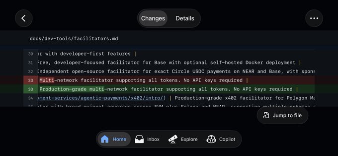 A screenshot of a dark-themed code editor showing a markdown file with highlighted text mentioning "Multi-network facilitator supporting all tokens" and "Production-grade multi-network facilitator supporting all tokens."