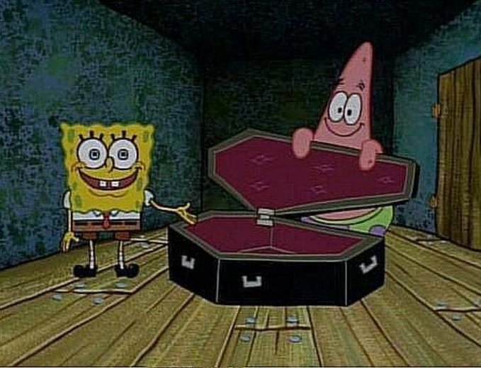 An animated scene featuring SpongeBob SquarePants and Patrick Star standing around an open coffin-shaped container on a wooden floor.