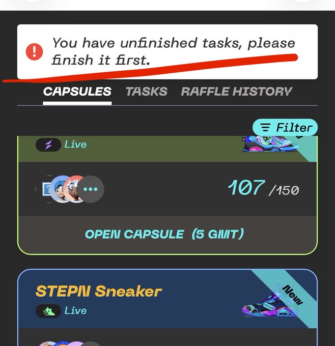 The image shows a step-by-step guide or instructions about buying sneakers. It is displayed on a screen, possibly on a website or an app that helps customers with their purchases. The guide provides information such as opening capsules (105 gmt), finding other sneaker models based on the current one, and the seller's details. The post states "You have unfinished tasks, please finish it.capsules.tasks.raffle history Live Stepn sneaker". This guides the user through the process of purchasing a sneaker from a website or app that features detailed information about each step involved in completing the purchase.
