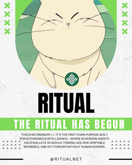 Promotional poster featuring a cat with a logo pendant and the text 'RITUAL', 'THE RITUAL HAS BEGUN', and '@RITUALNET', describing it as the first chain purpose-built for autonomous intelligence.